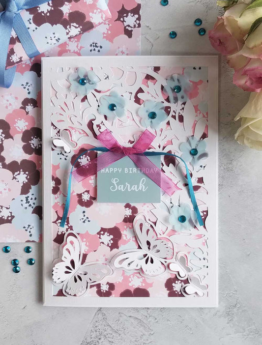 A5 Butterflies Floral handmade greeting card - blossoms aqua collection