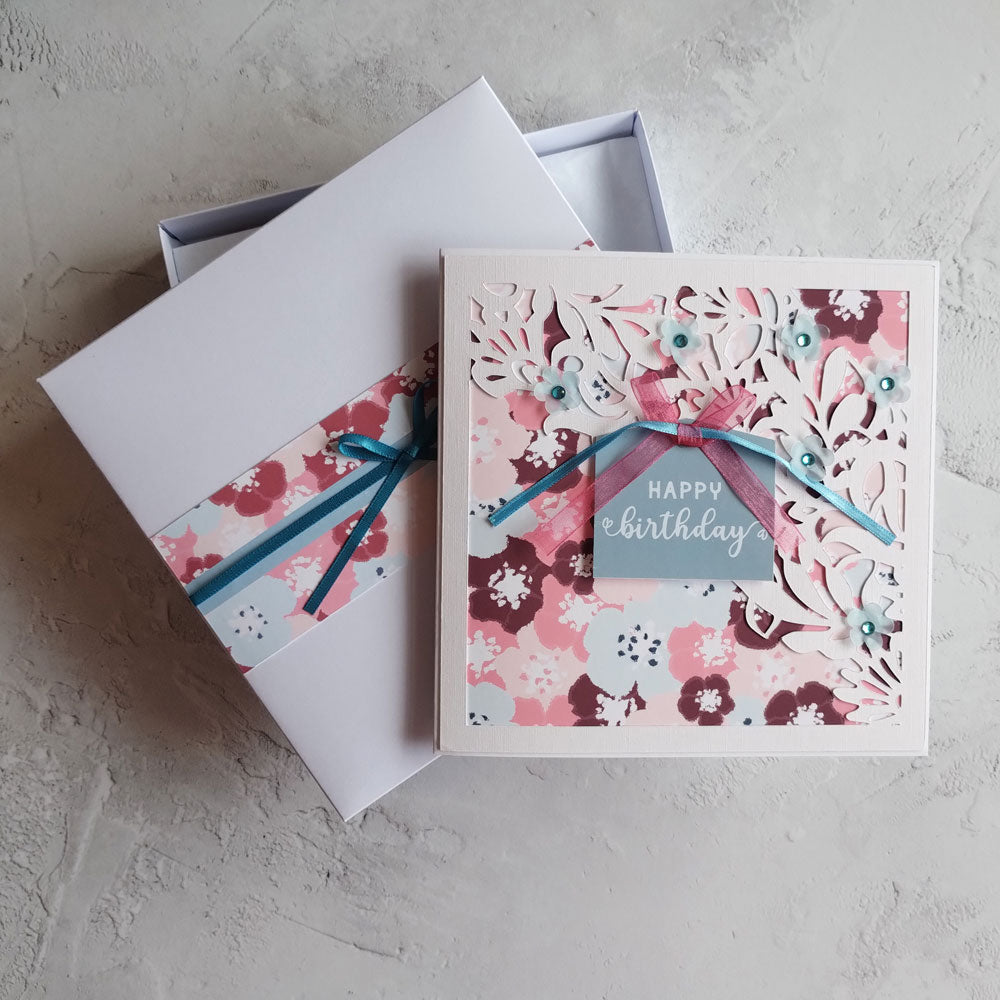 Floral Handmade Birthday greeting card with gift box- blossoms aqua design