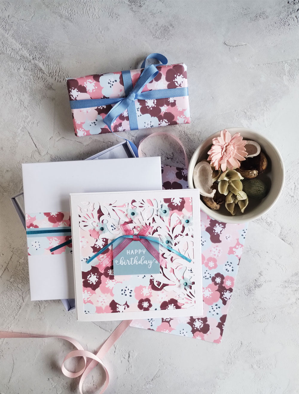 Floral Handmade Birthday greeting card with gift box- blossoms aqua design
