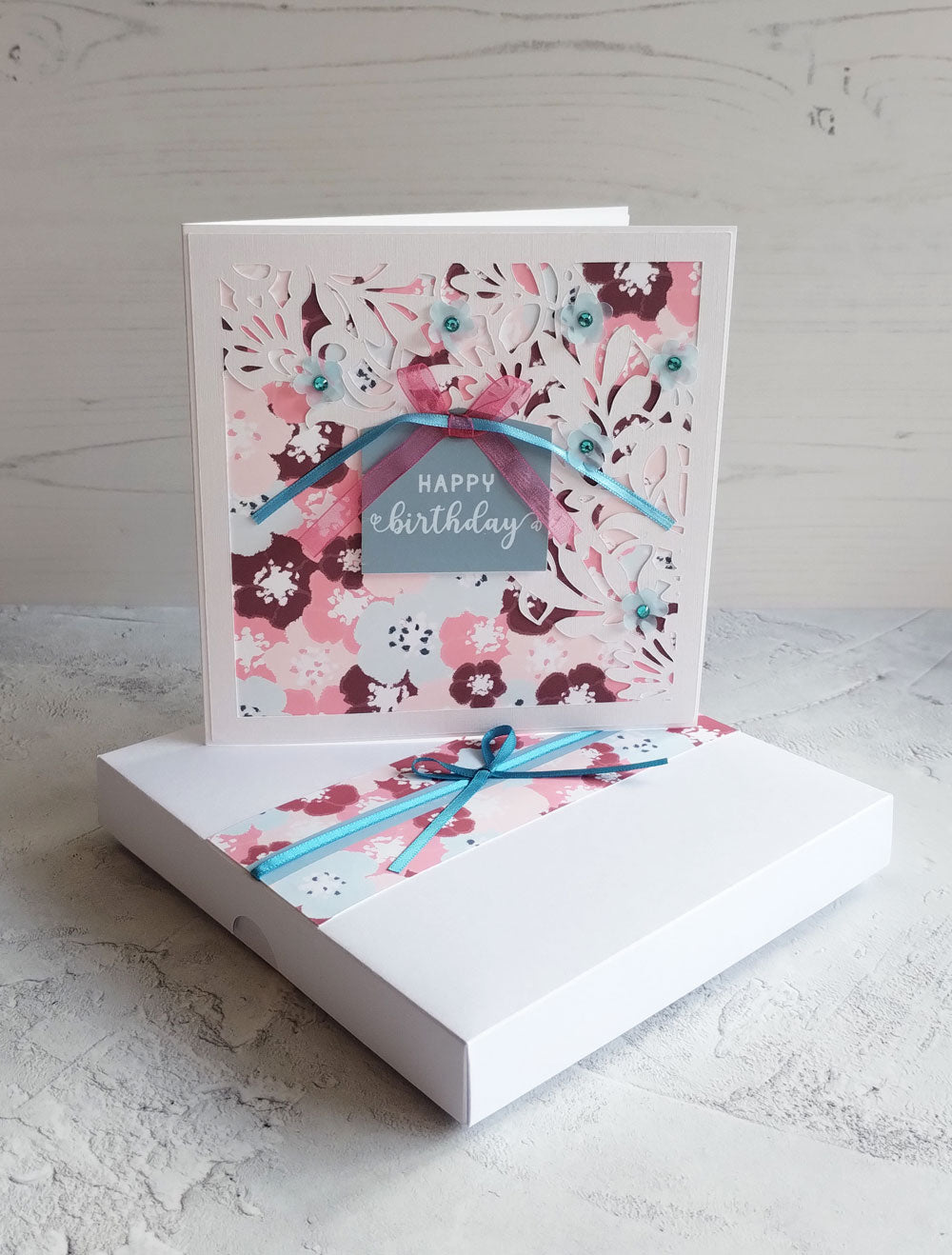 Floral Handmade Birthday greeting card with gift box- blossoms aqua design