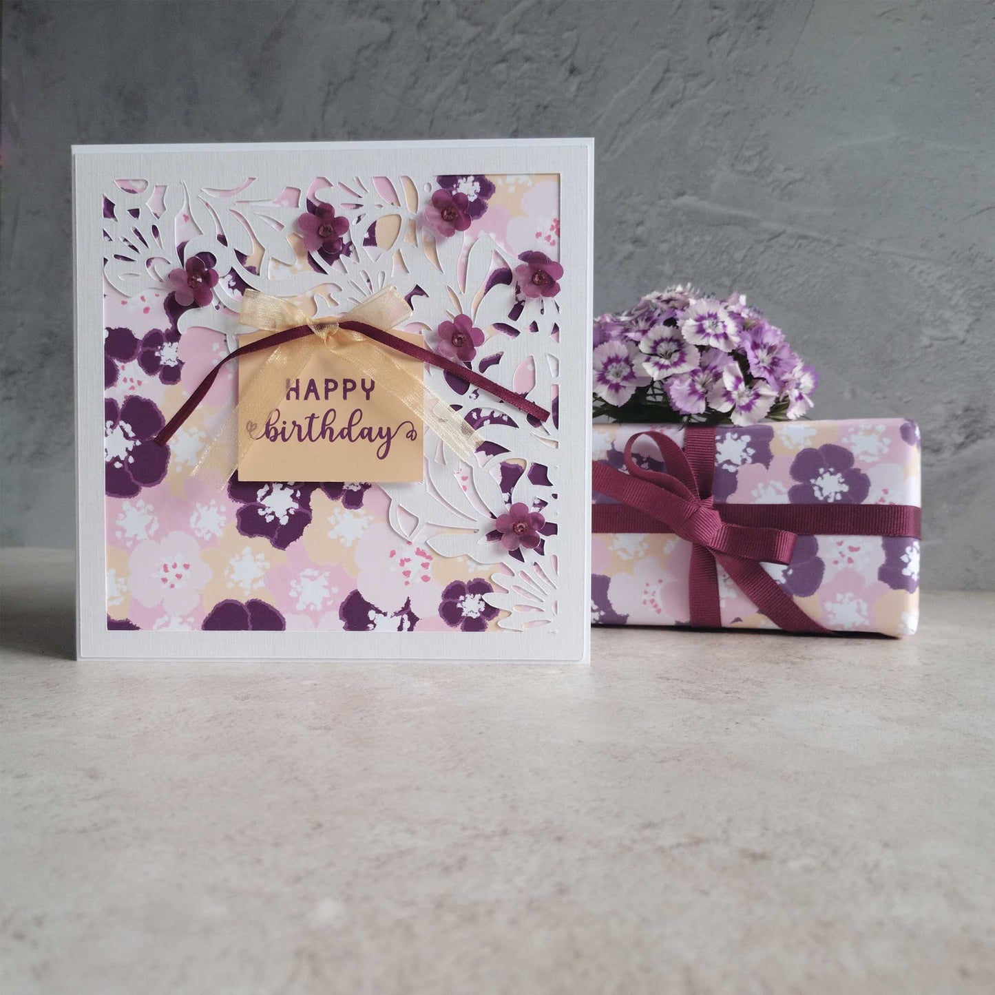 Floral Handmade Birthday greeting card - blossoms berry design