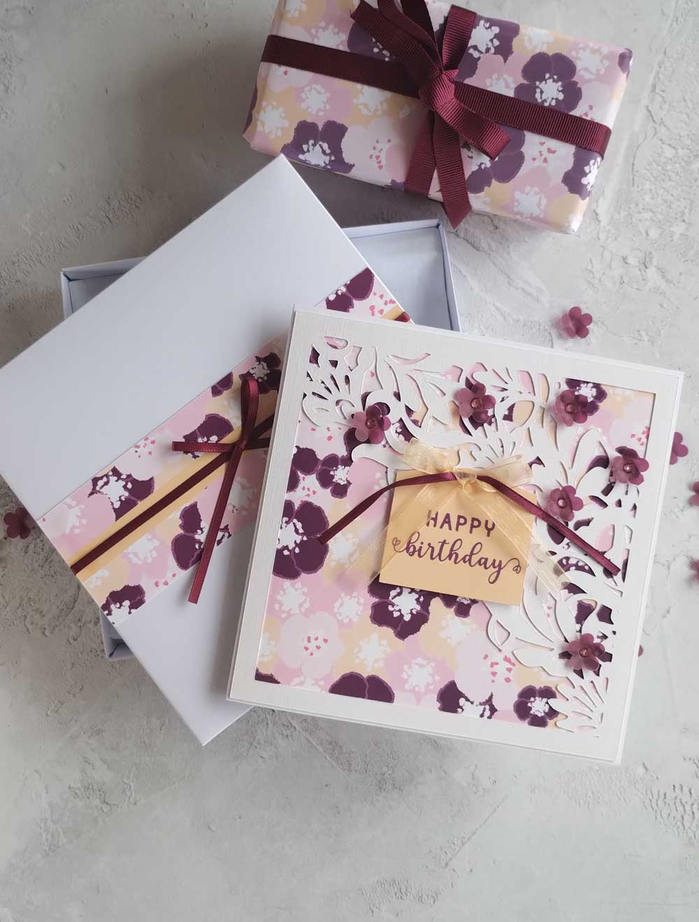 Floral Handmade Birthday greeting card with gift box- blossoms berry design