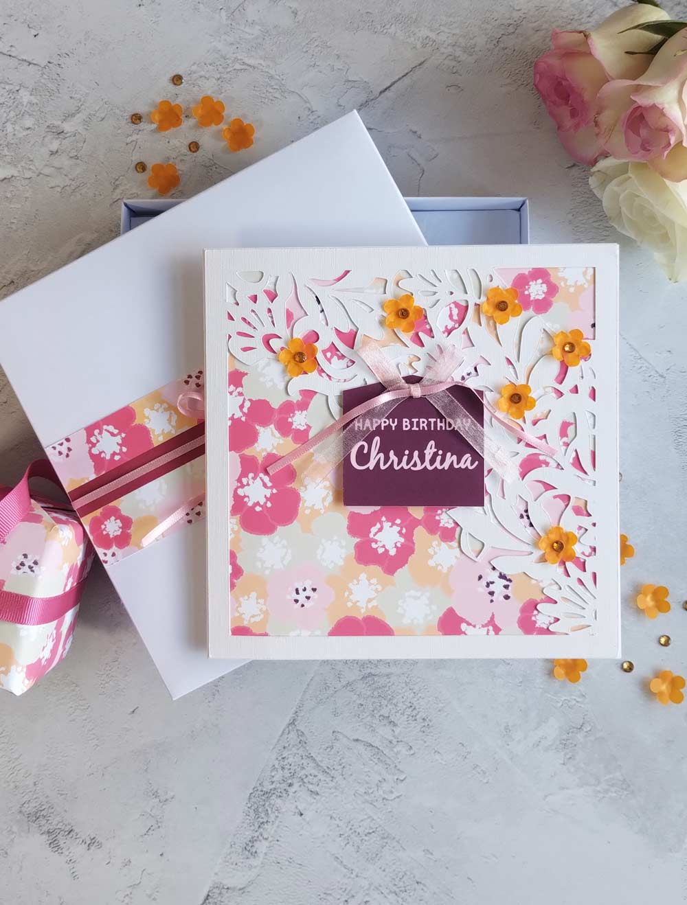 Floral Handmade Birthday greeting card with gift box- blossoms summer design