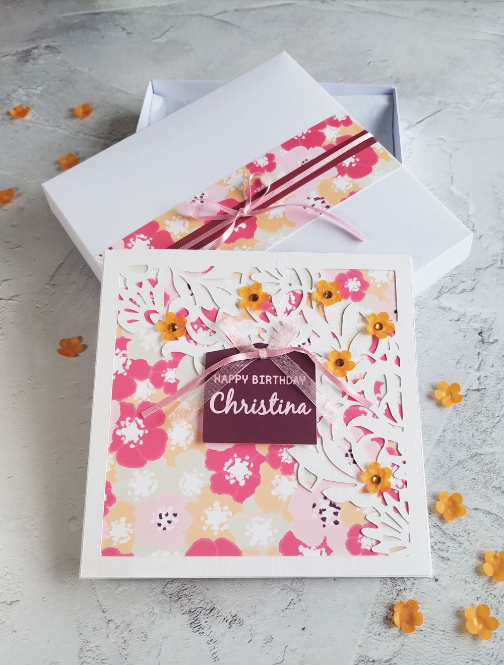 Floral Handmade Birthday greeting card with gift box- blossoms summer design