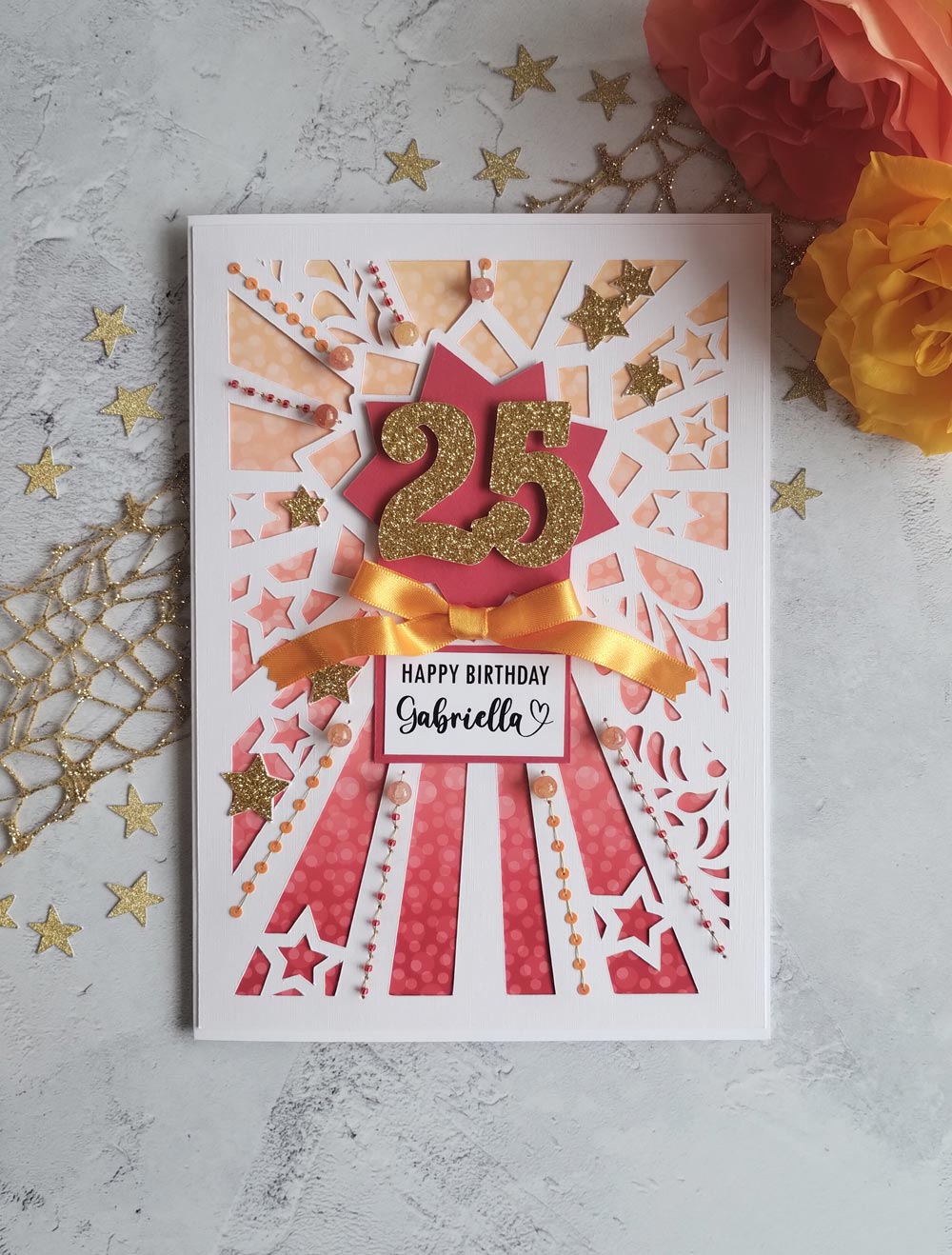 Personalised Starburst Hand sewn Milestone Rhubarb Birthday Card