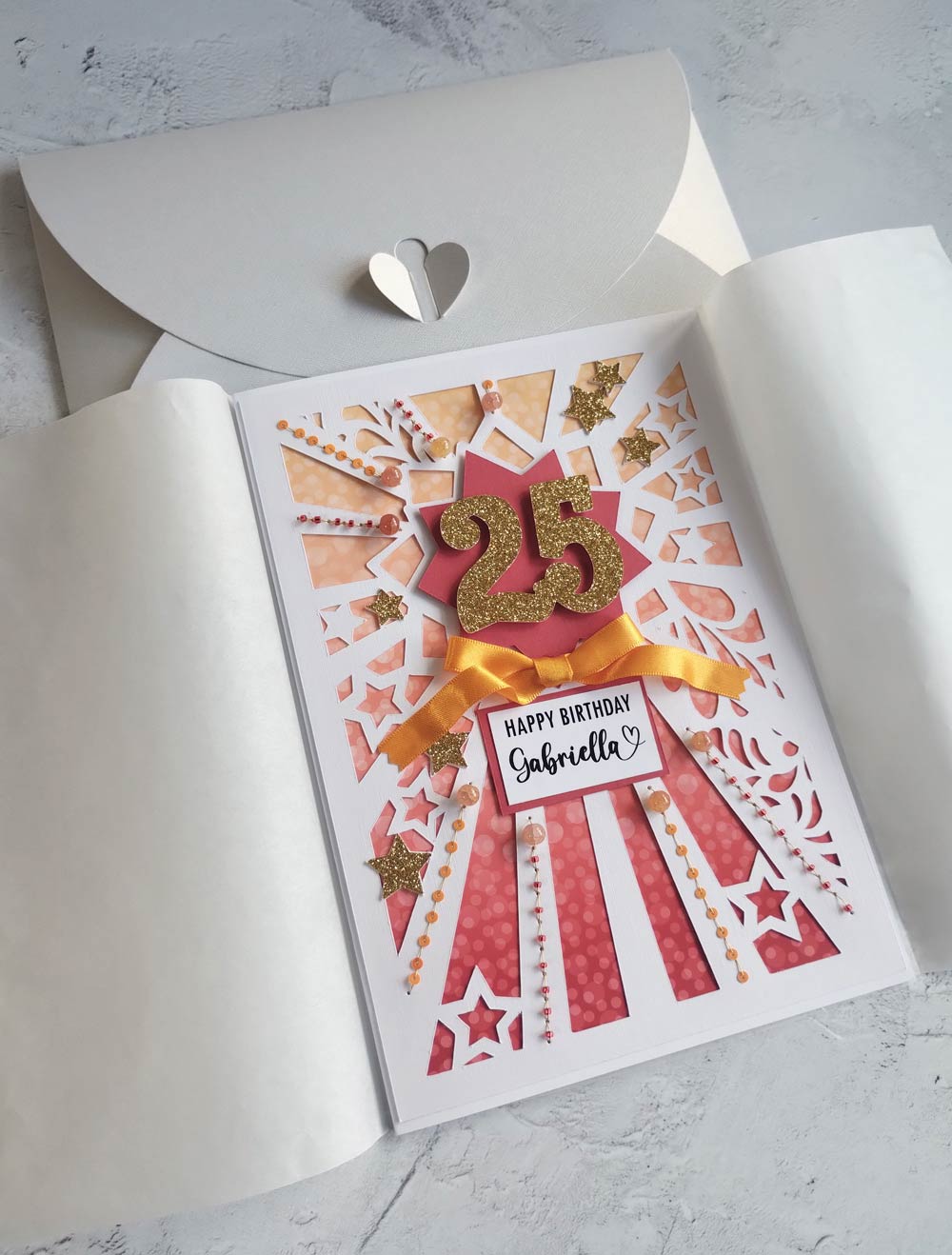 Personalised Starburst Hand sewn Milestone Rhubarb Birthday Card with Butterfly Envelope