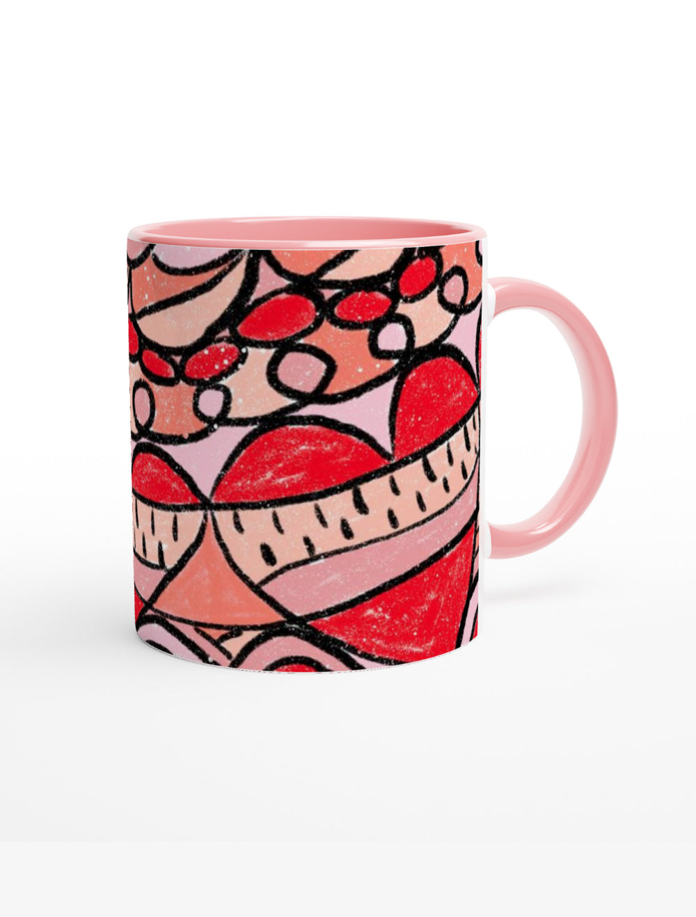 Love Doodle Ceramic Mug with Pink Handle and Inside