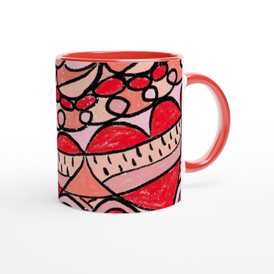 Love Doodle Ceramic Mug with Red Handle and Inside