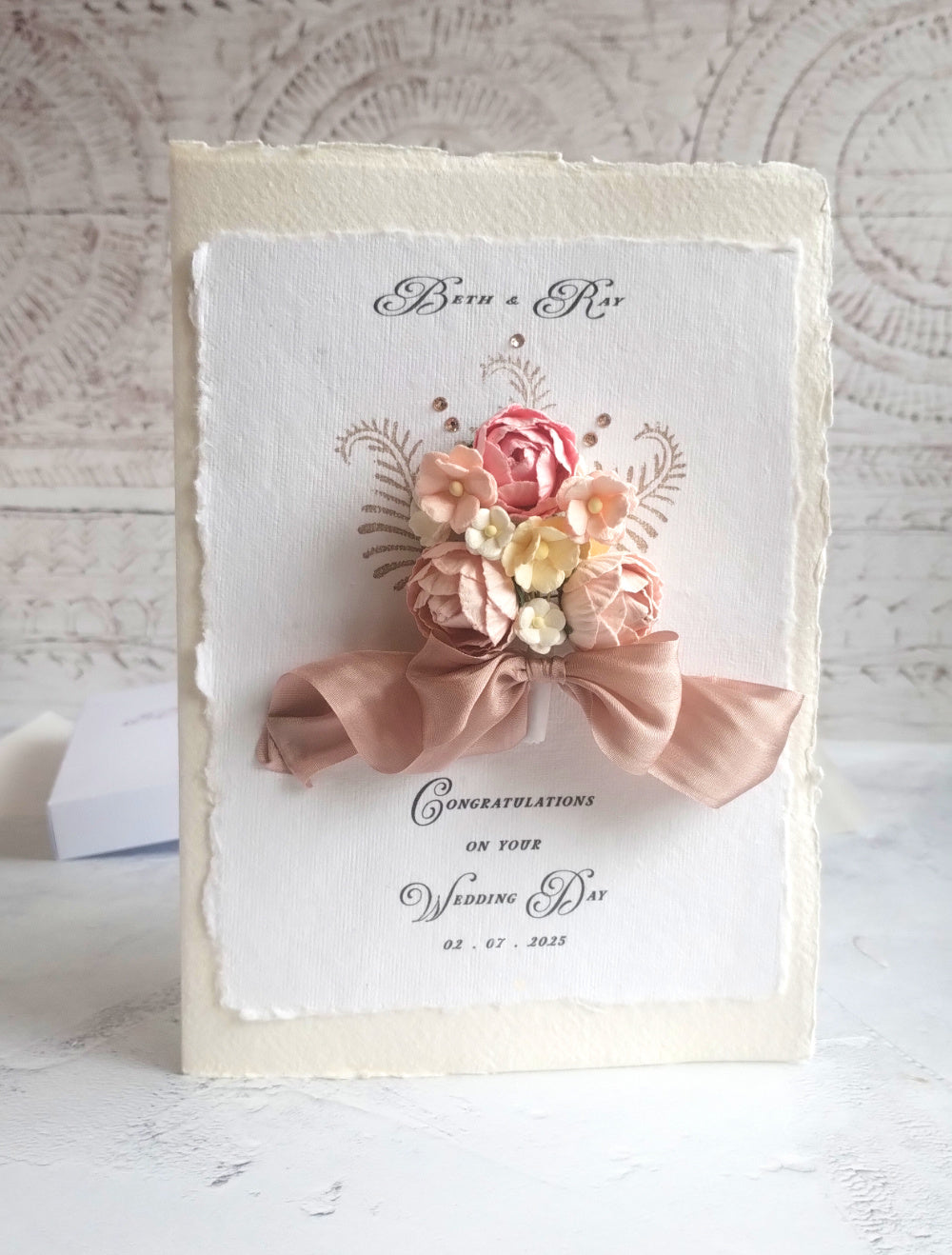Luxury Handmade Pink A5 Wedding card with floral design.