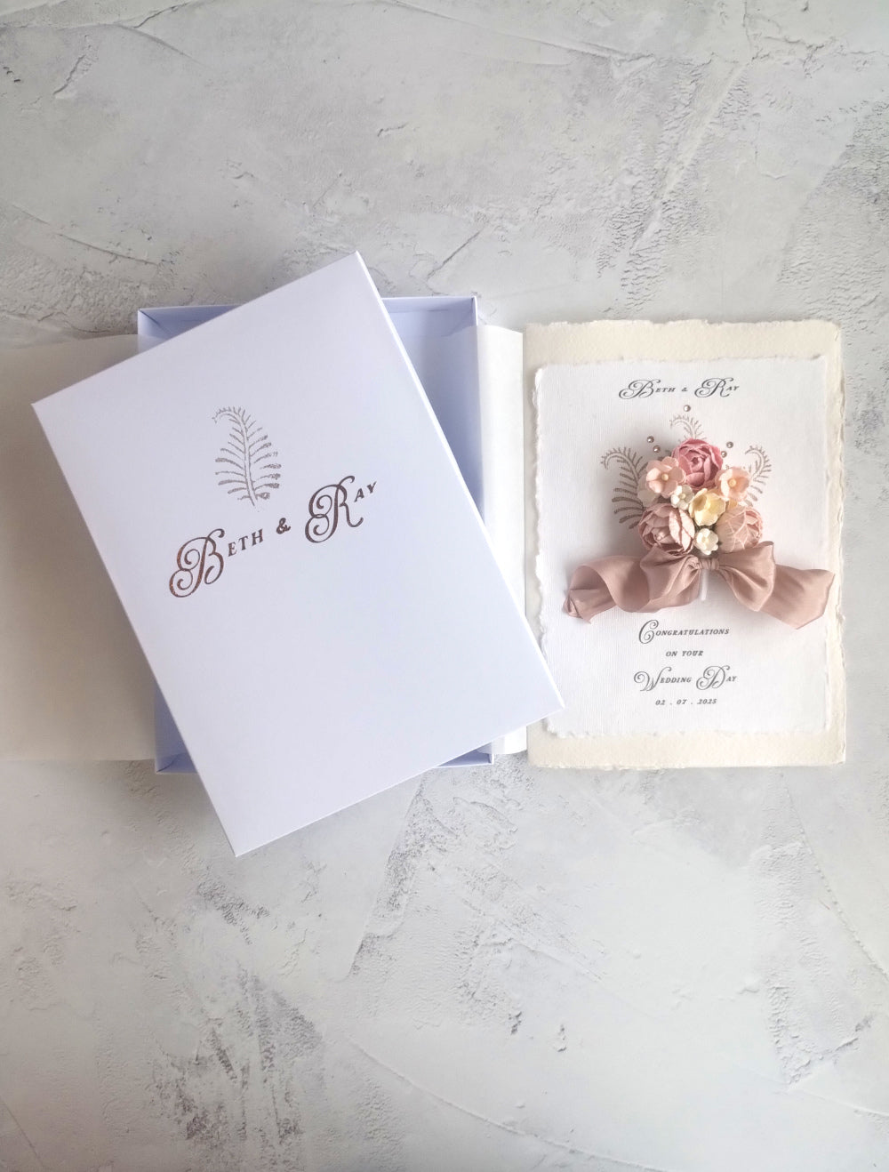 Handmade Pink A5 Wedding card with floral design.