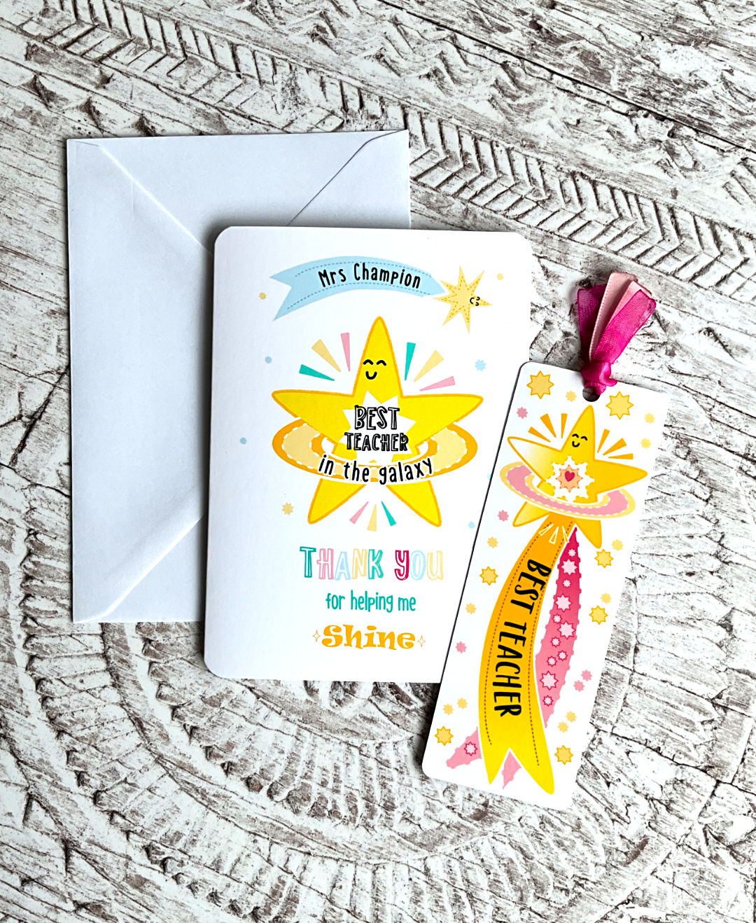 Best teacher in the galaxy greeting card and bookmark