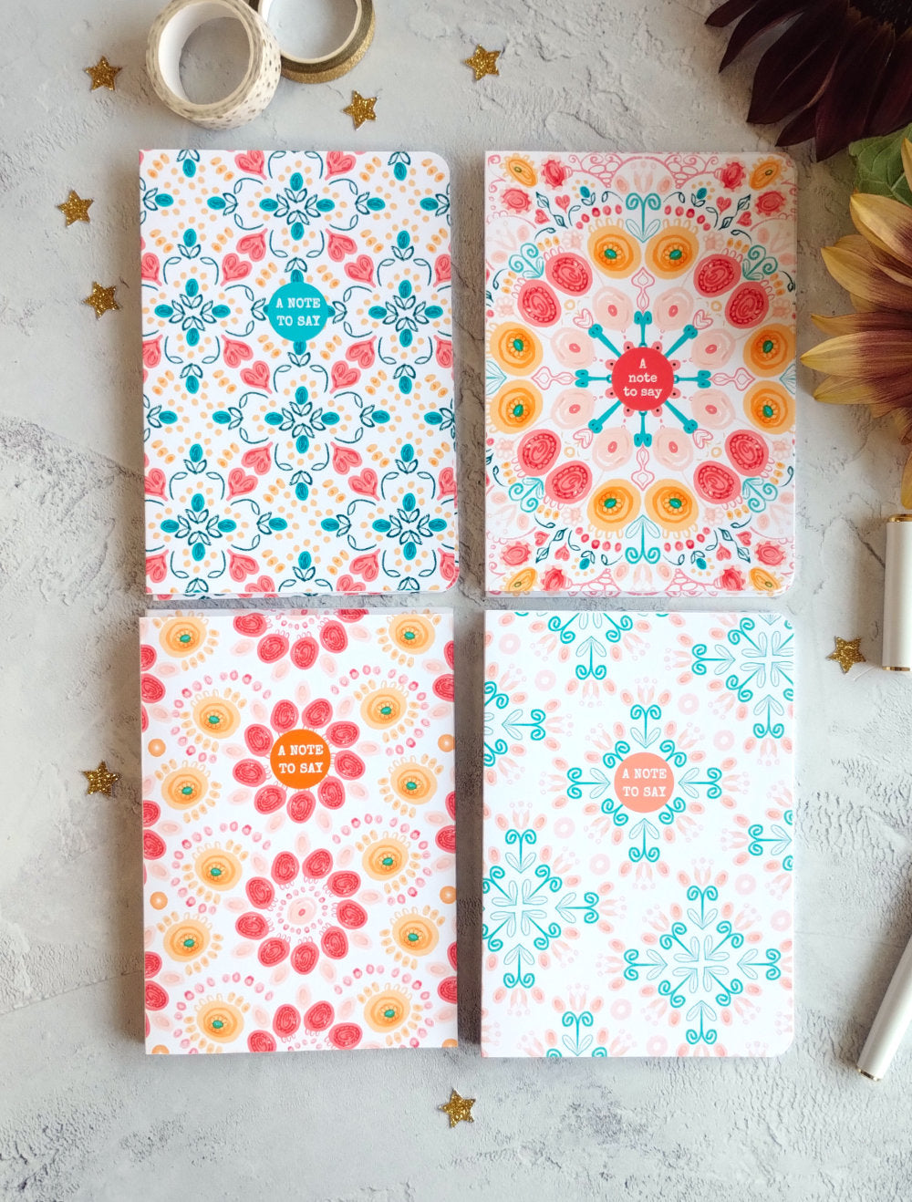 Set of four Summa vibrant patterned Notecards