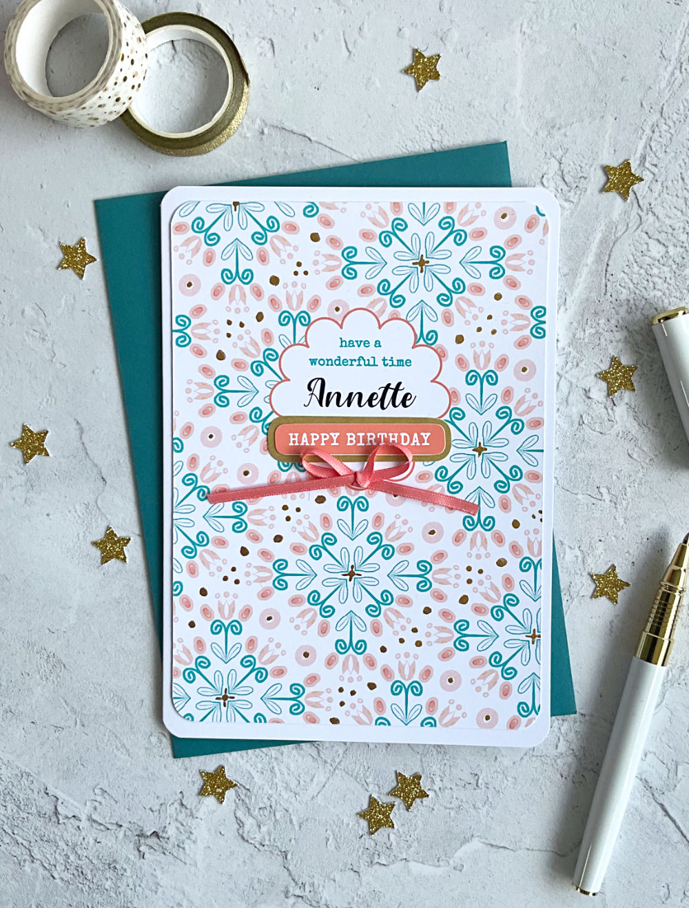 Summa Tulips Personalised Birthday card with teal and pink pattern and satin bow