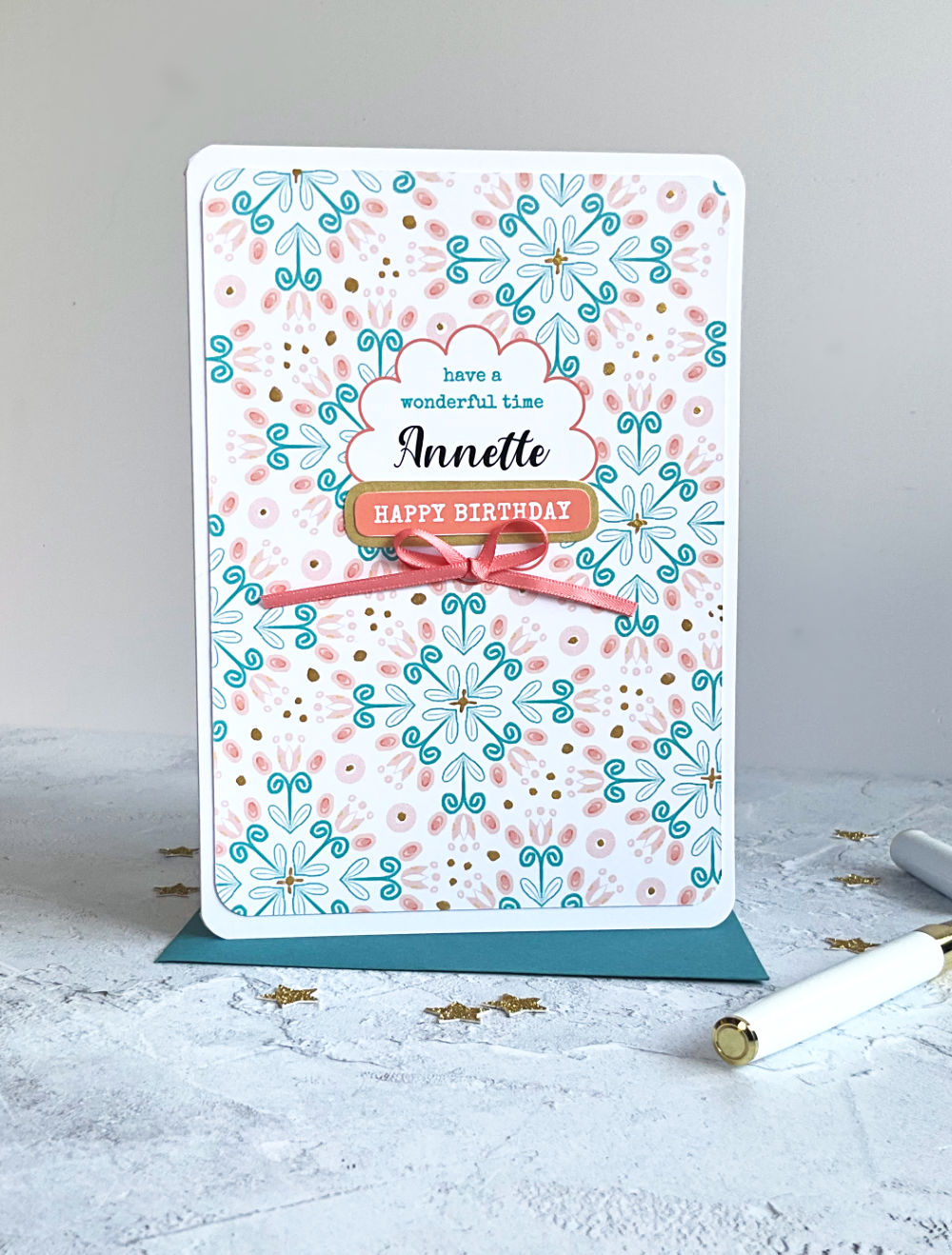 Summa Tulips Personalised Birthday card with teal and pink pattern and satin bow