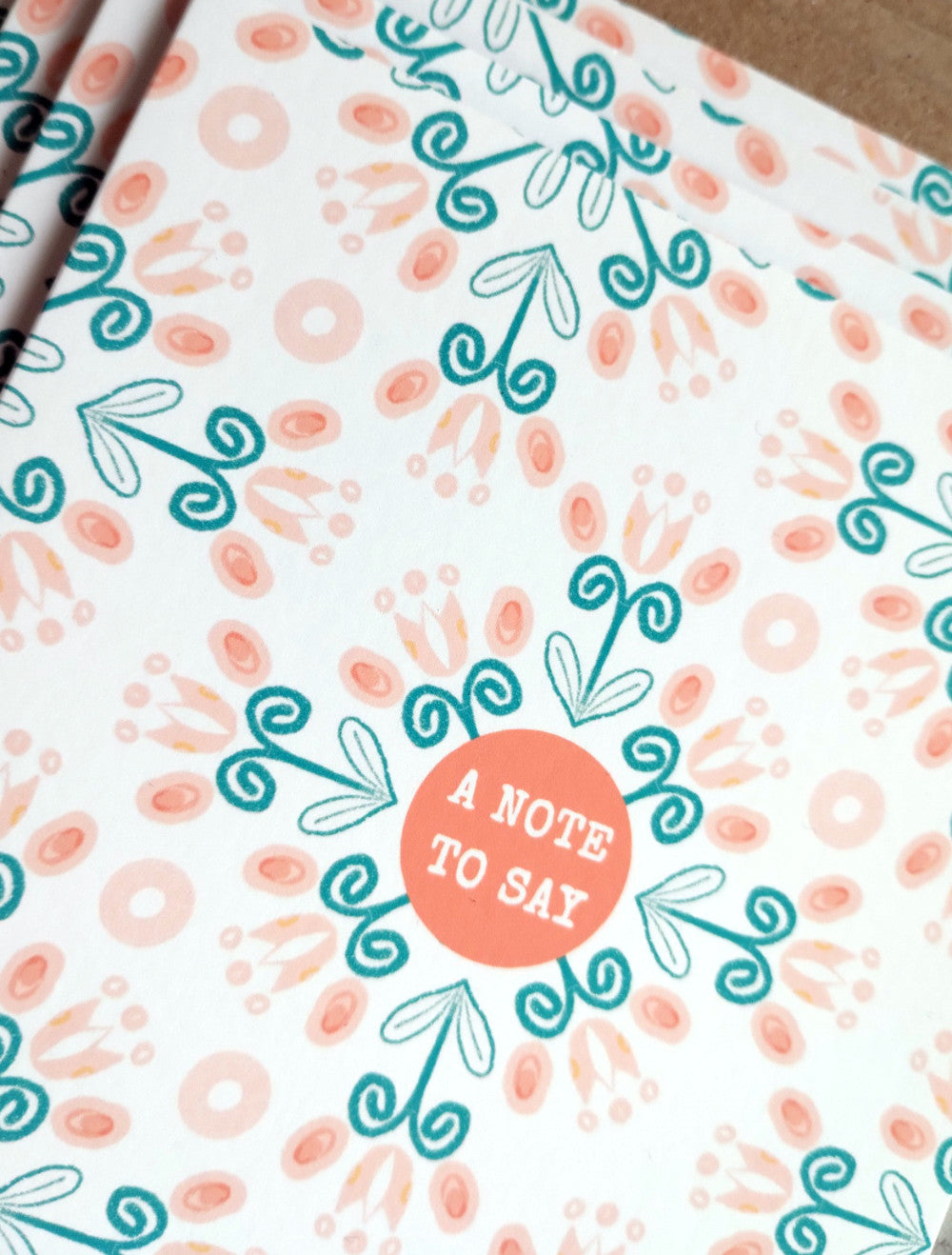 Close up of patterned Summa Tulips note cards.