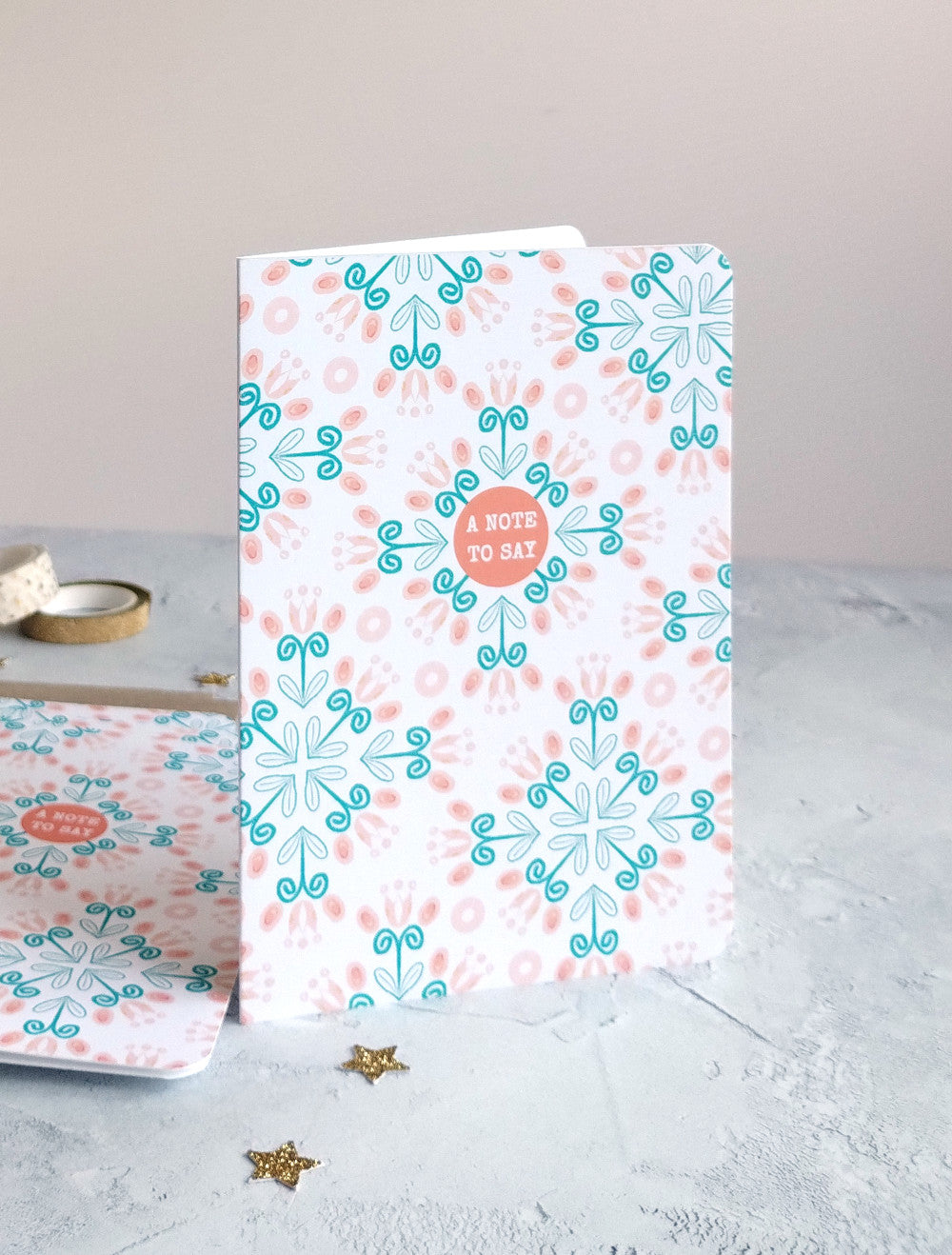 Teal and pink patterned Summa Tulips note card.