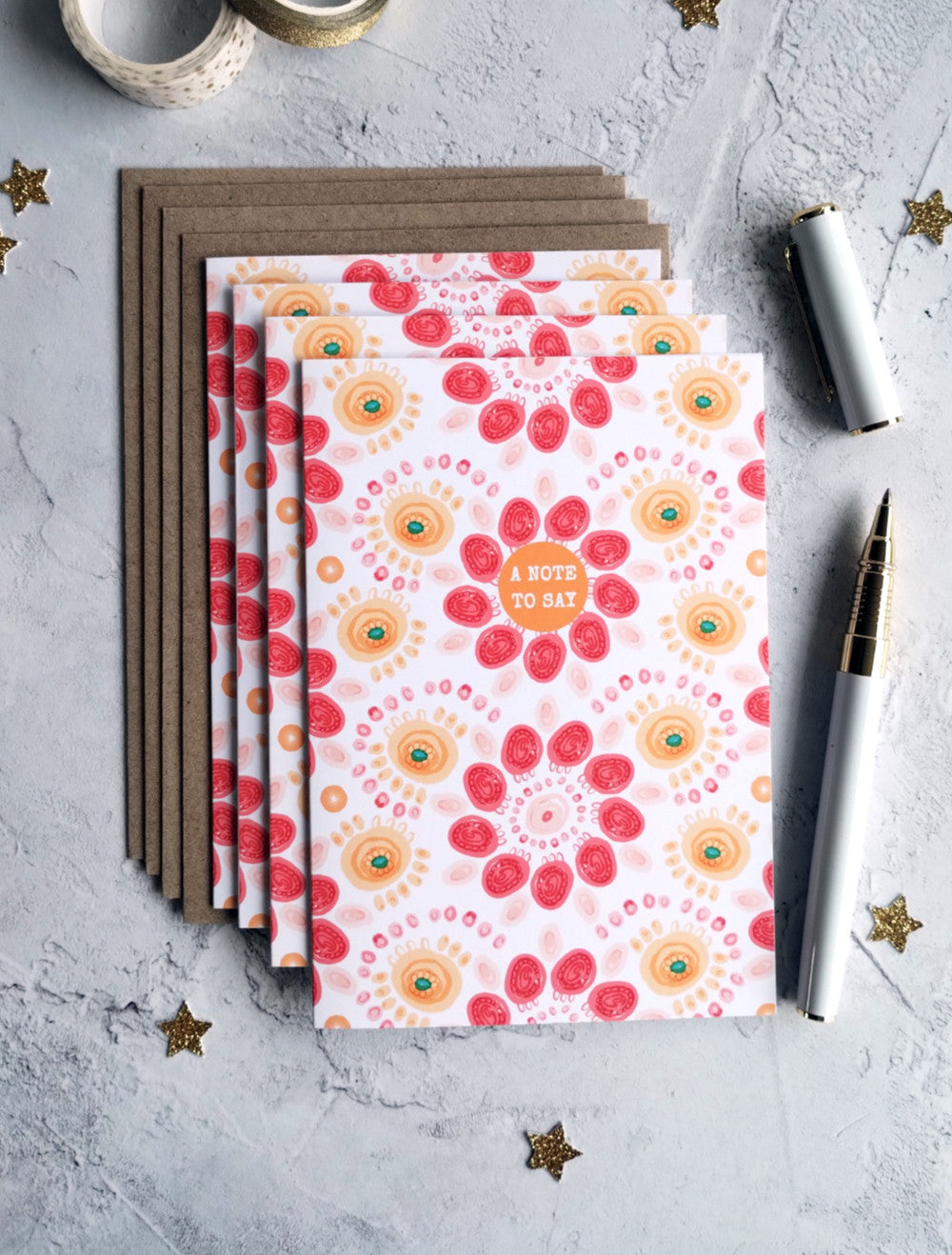 Set of 4 brightly coloured Summa Carnival note cards