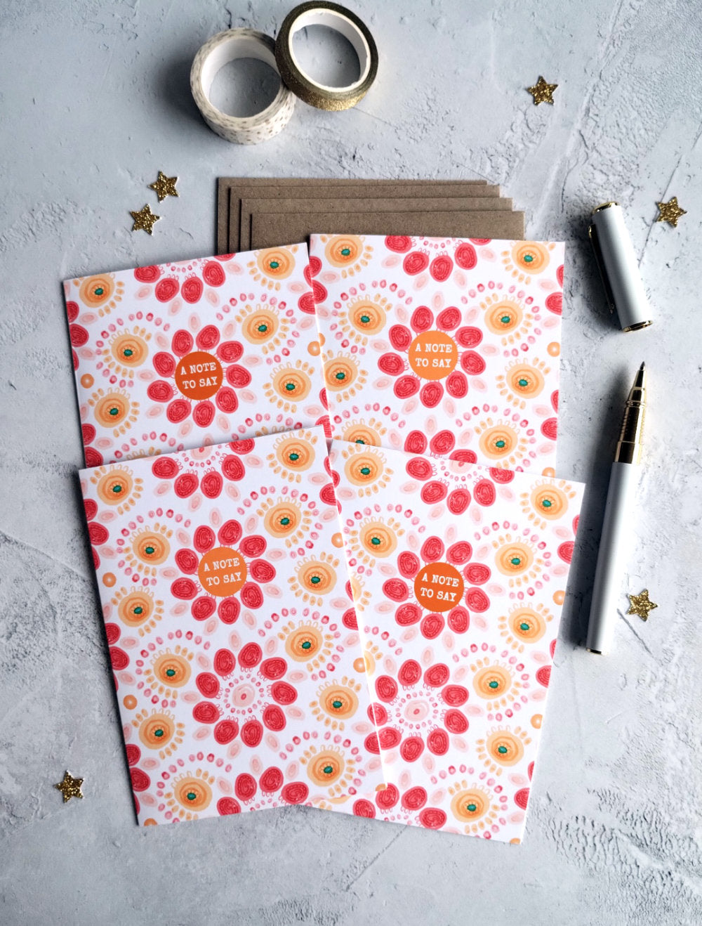 Set of 4 Summa Carnival note cards with recycled envelopes with white pen