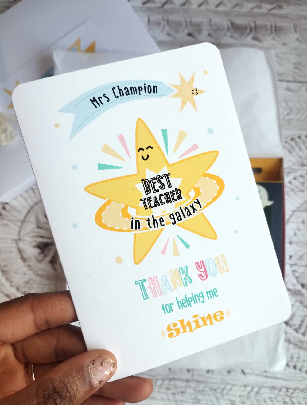 Personalised Best Teacher in The Galaxy Greeting Card
