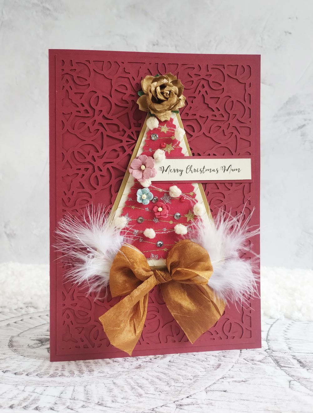 A5 Luxury Personalised Red Fabric Christmas Tree Card