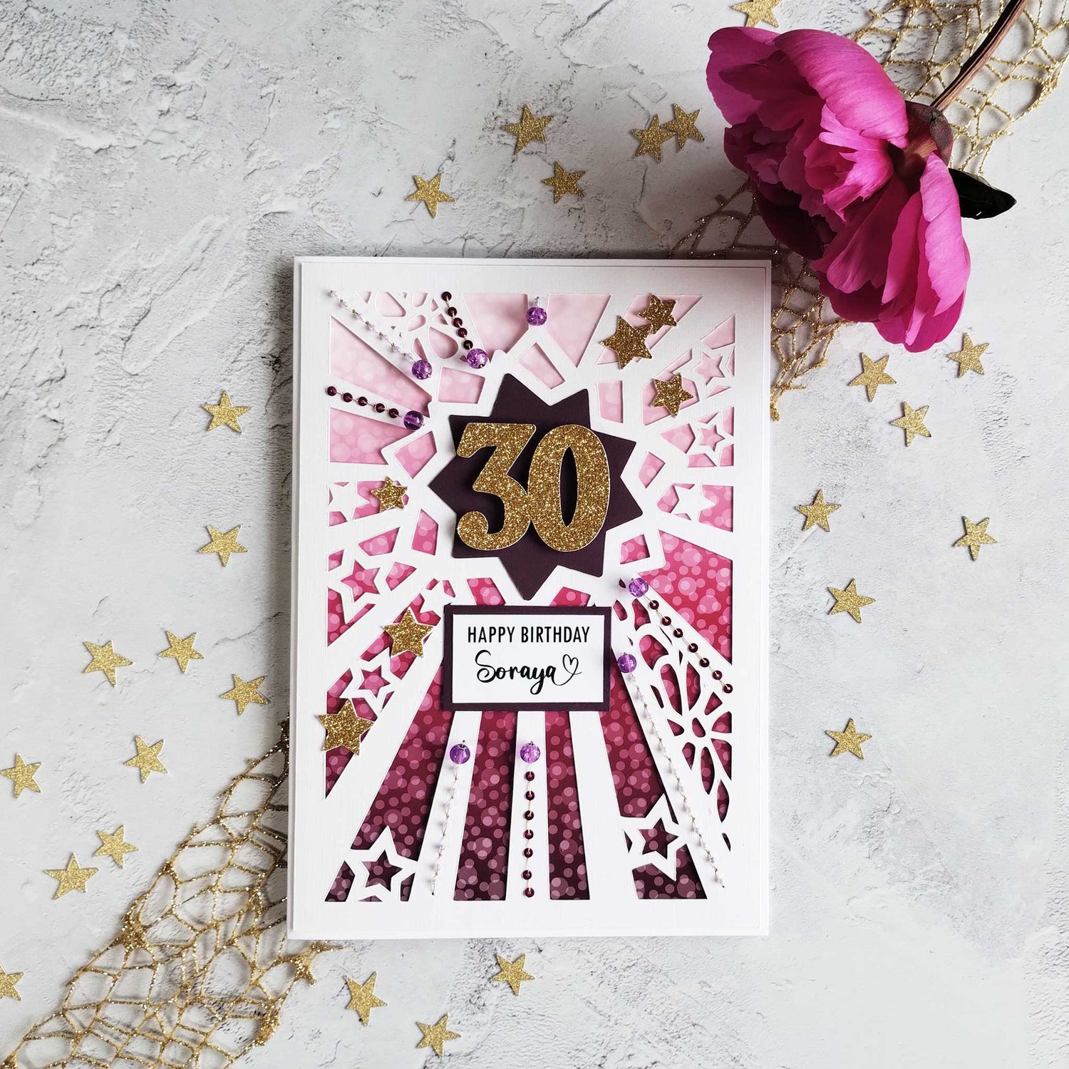 Sparkles Berry Glitter Age Birthday Card with gold stars 