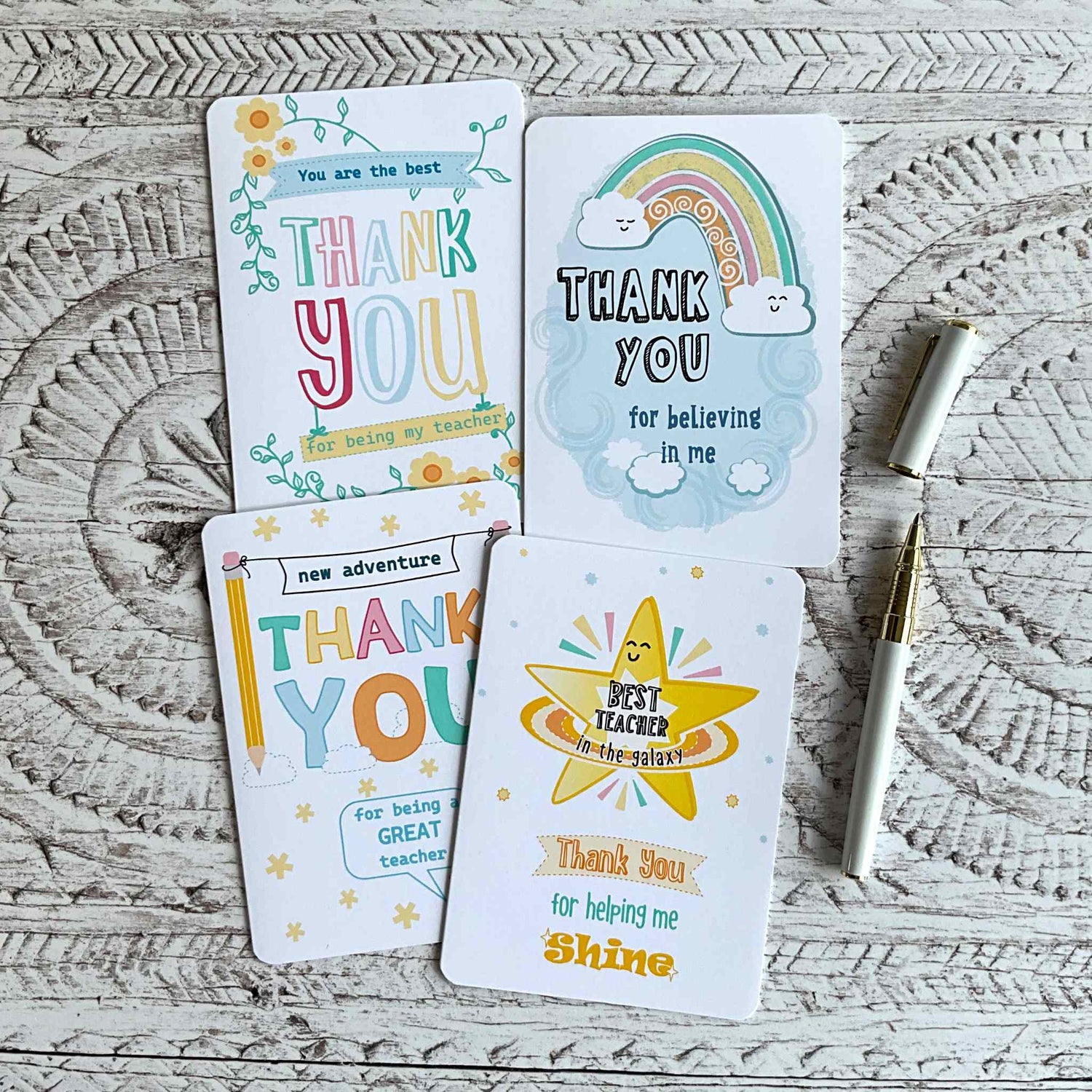 Four teacher appreciation greeting cards