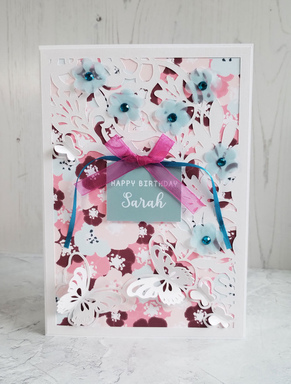 A5 Butterflies Floral handmade greeting card - blossoms aqua collection