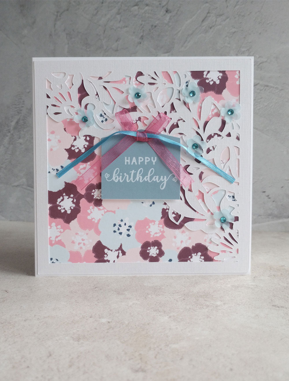 Floral Handmade Birthday greeting  card - blossoms aqua design