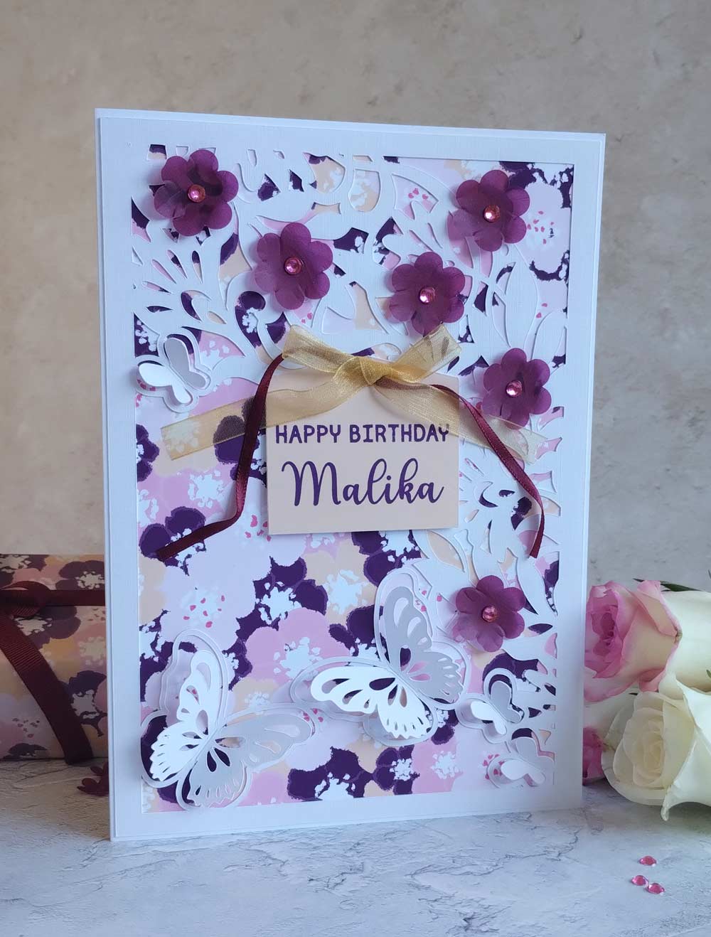 A5 Butterflies Floral handmade greeting card - blossoms berry collection