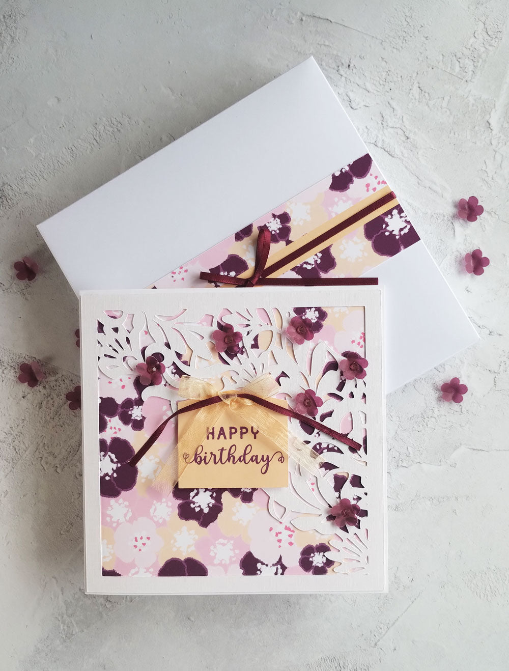 Floral Handmade Birthday greeting  card with gift box- blossoms berry design