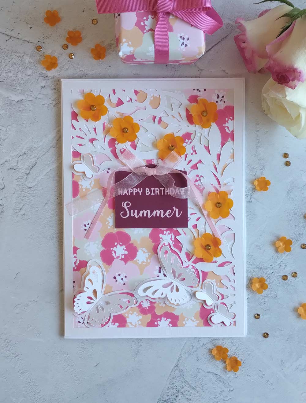 A5 Butterflies Floral handmade greeting card - blossoms summer collection