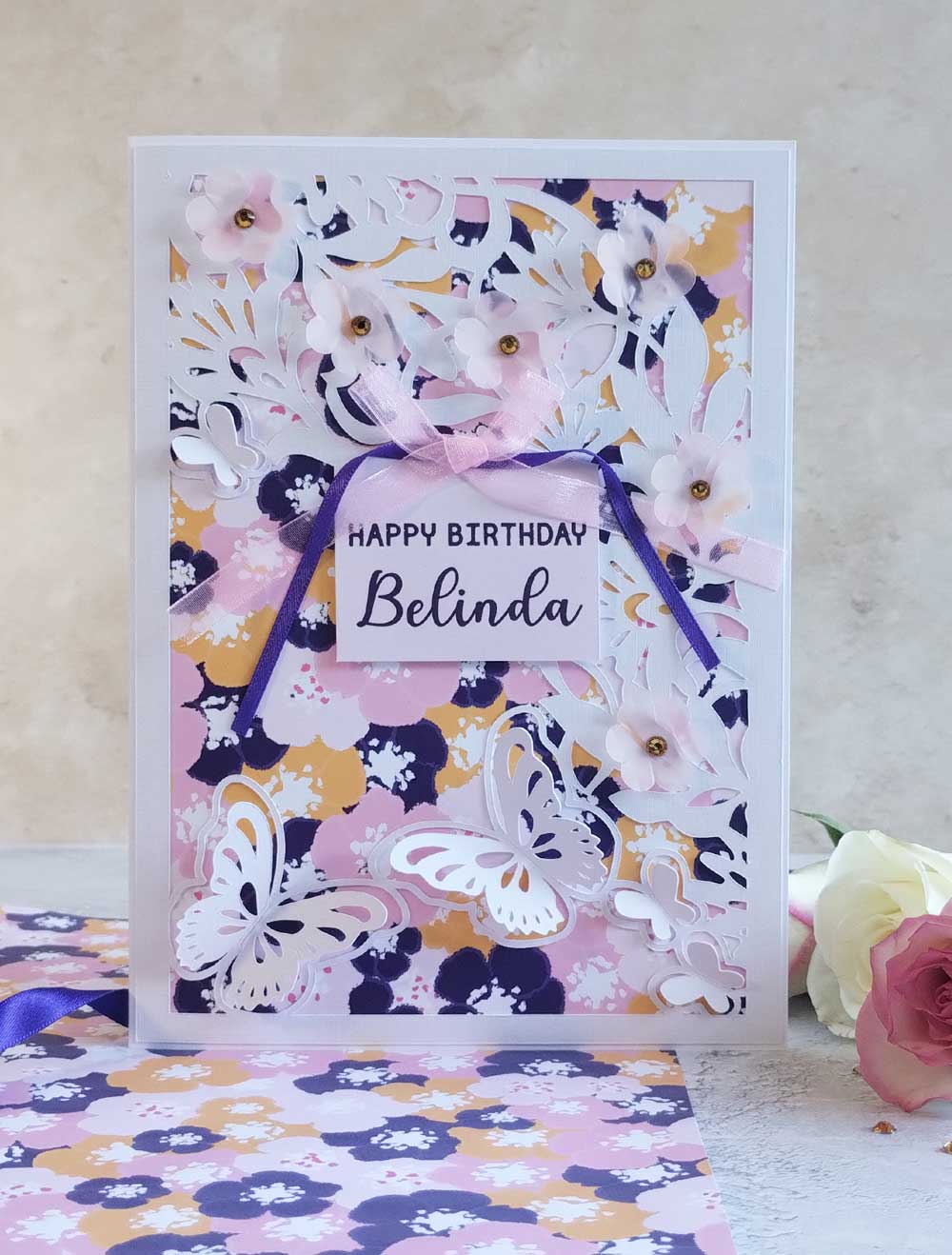 A5 Butterflies Floral handmade greeting card - blossoms indigo collection