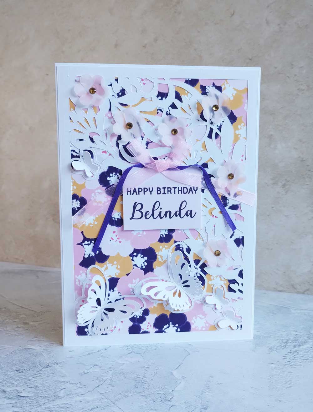 A5 Butterflies Floral handmade greeting card - blossoms indigo collection