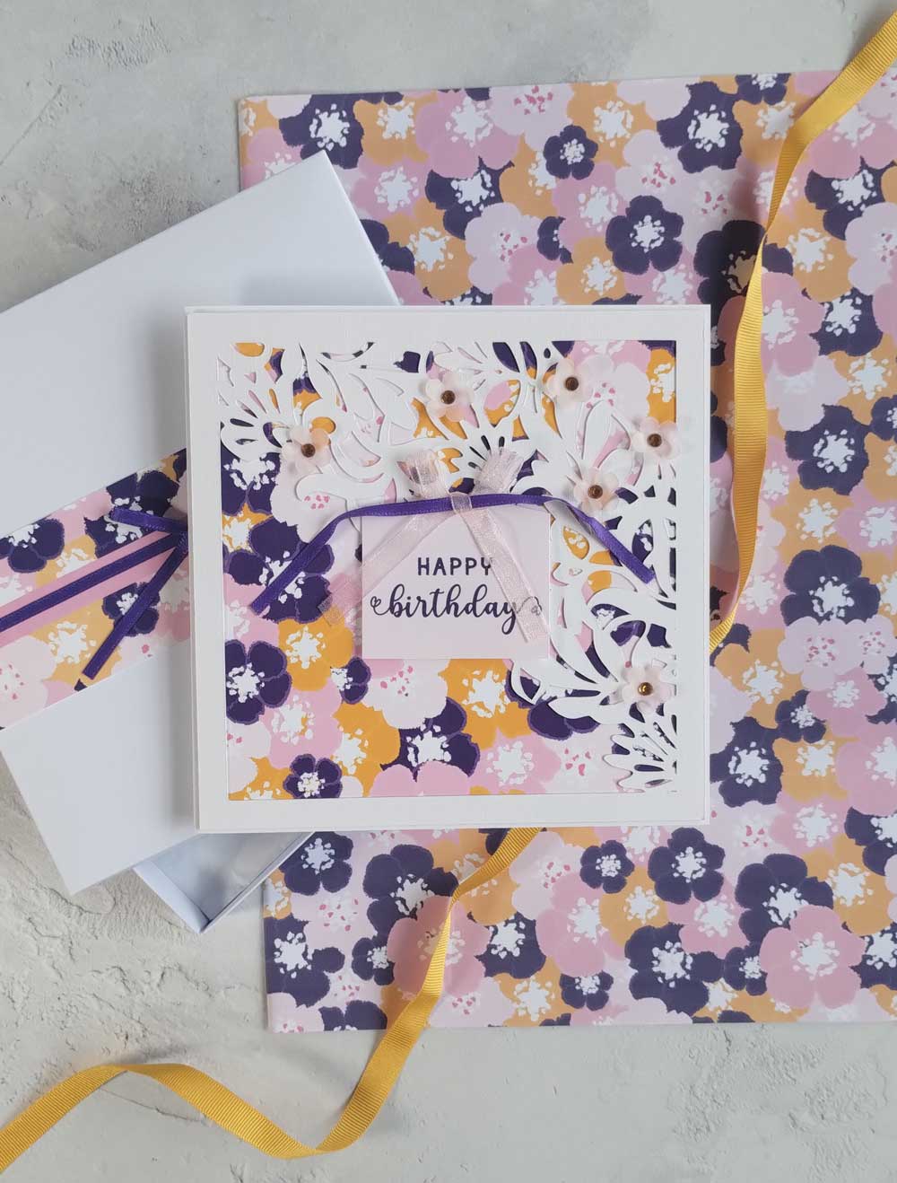 Floral Handmade Birthday greeting  card with gift box- blossoms indigo design