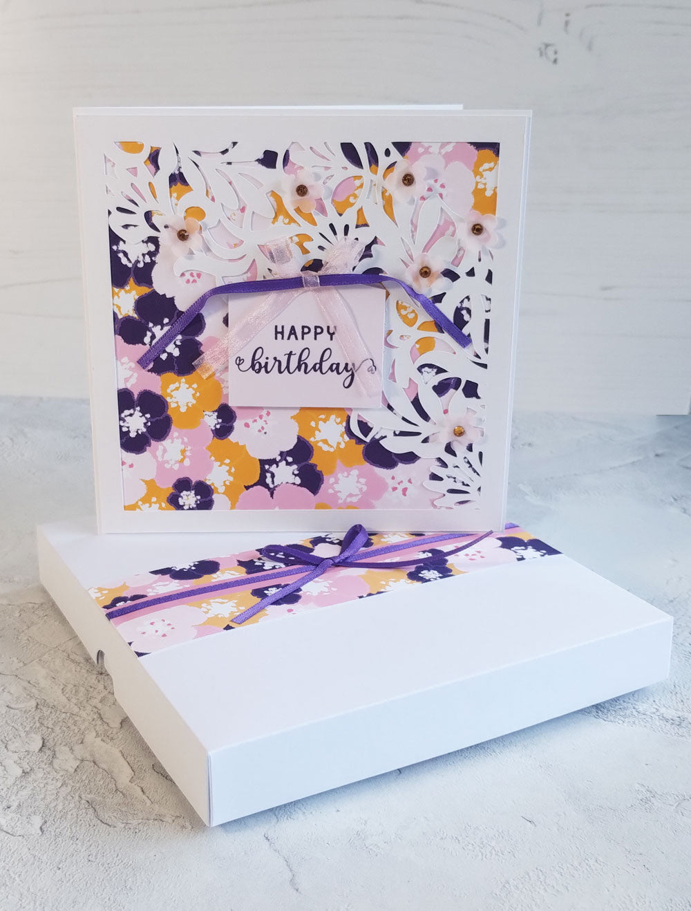 Floral Handmade Birthday greeting  card with gift box- blossoms indigo design