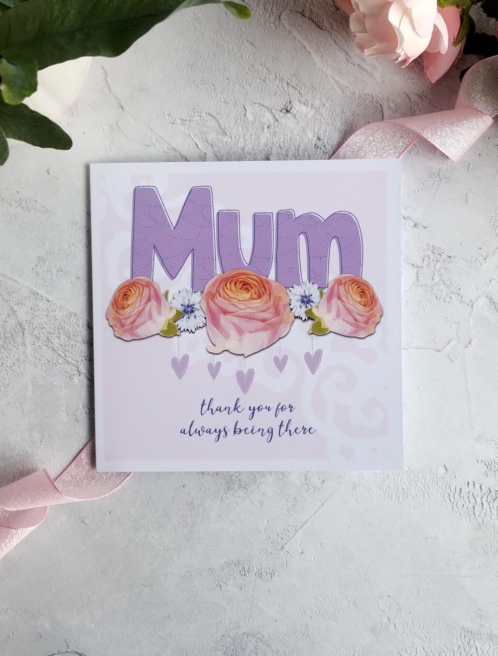 Thank you card for Mother's Day with roses and hearts