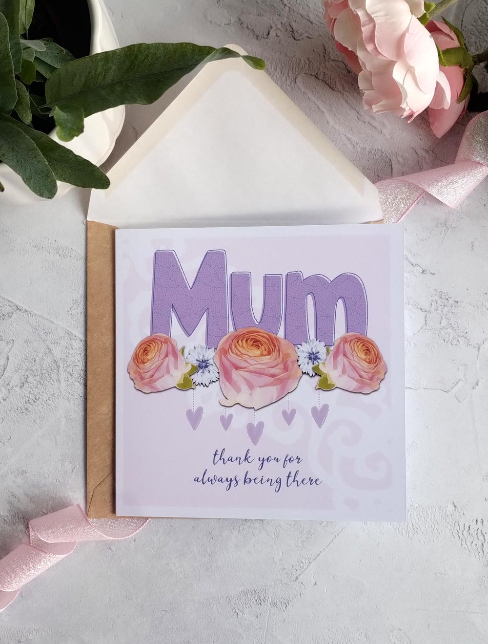 Thank you card for Mother's Day with roses and hearts