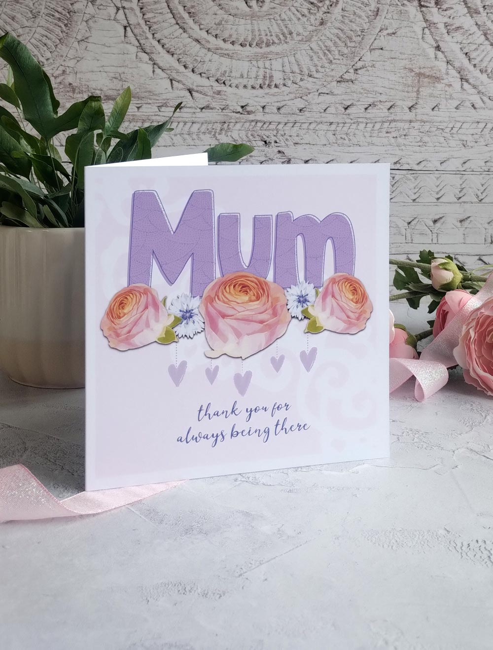 Thank you card for Mother's Day with roses and hearts