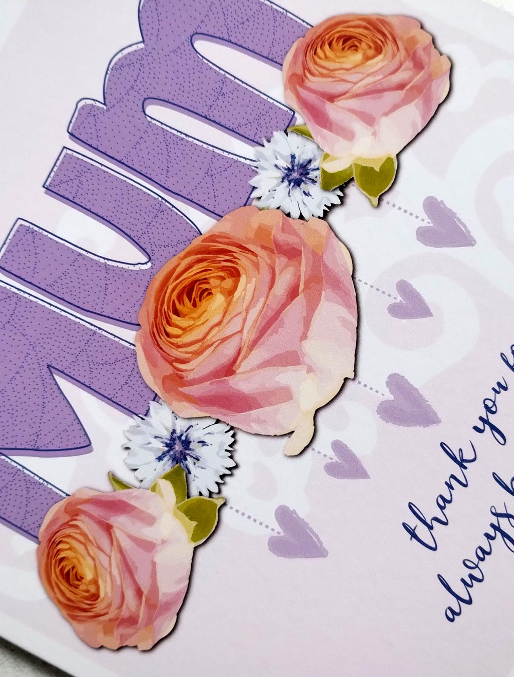 Thank you card for Mother's Day with roses and hearts