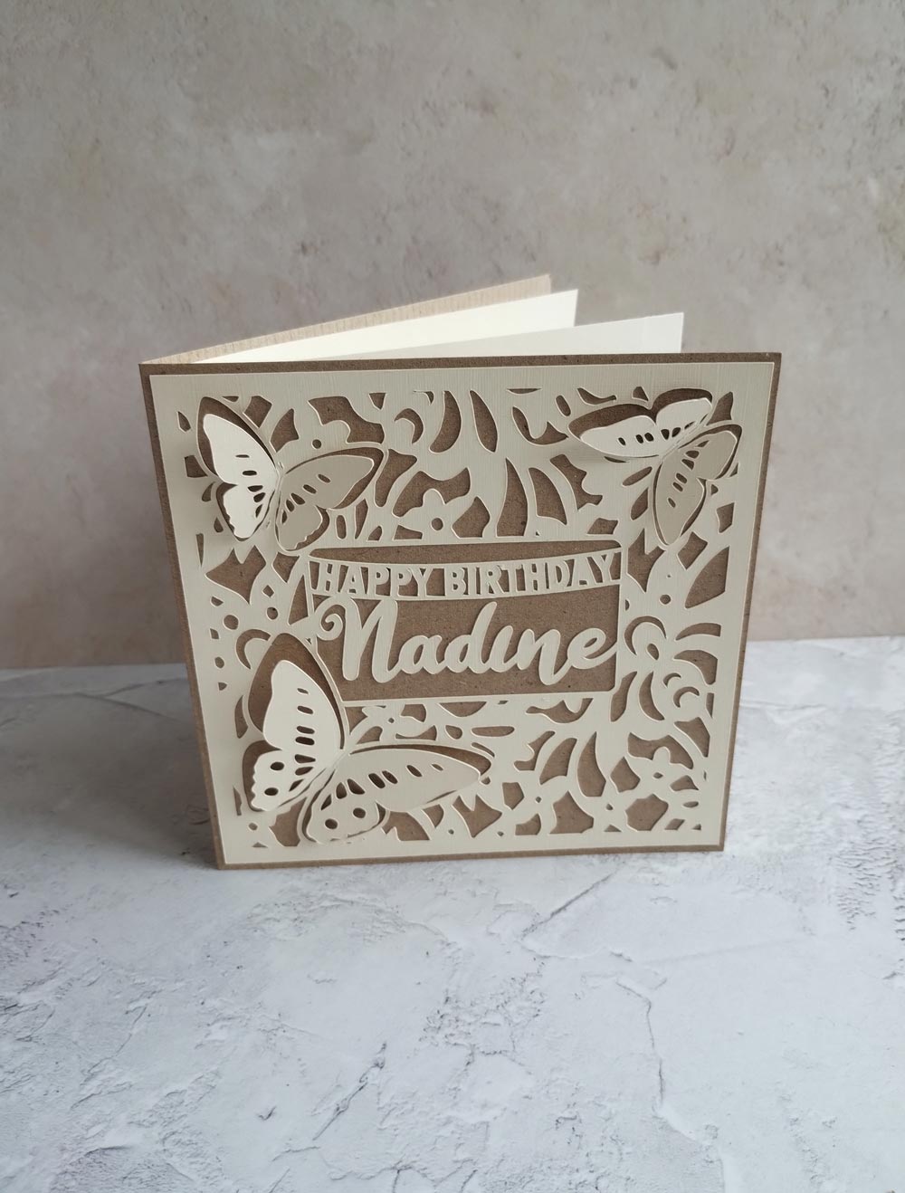 Personalised Recycled Natural butterflies birthday card with Kraft envelope