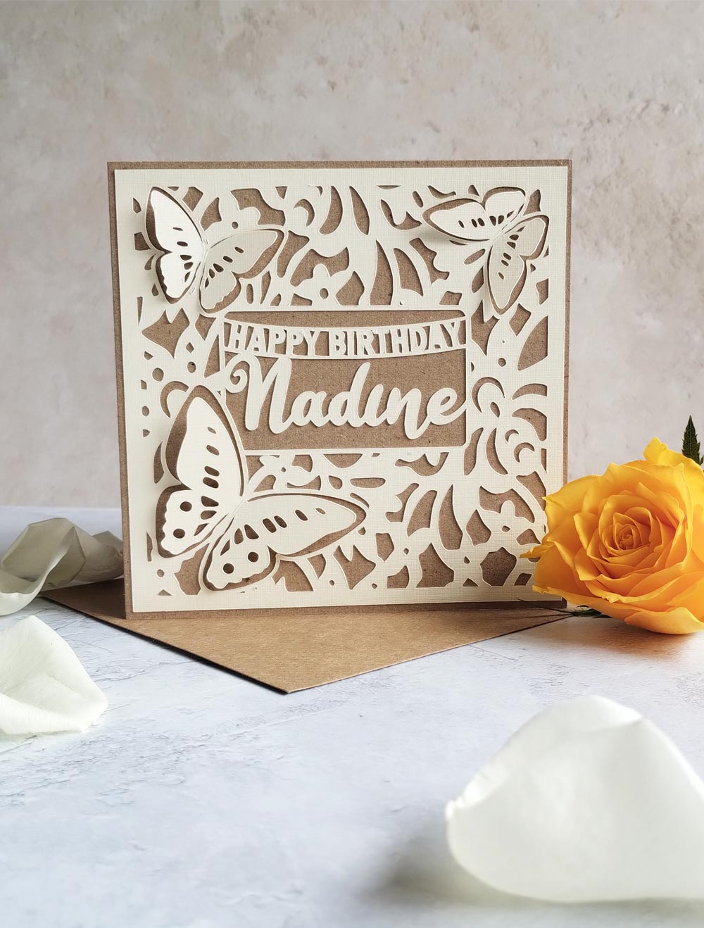 Personalised Recycled Natural butterflies birthday card with Kraft envelope