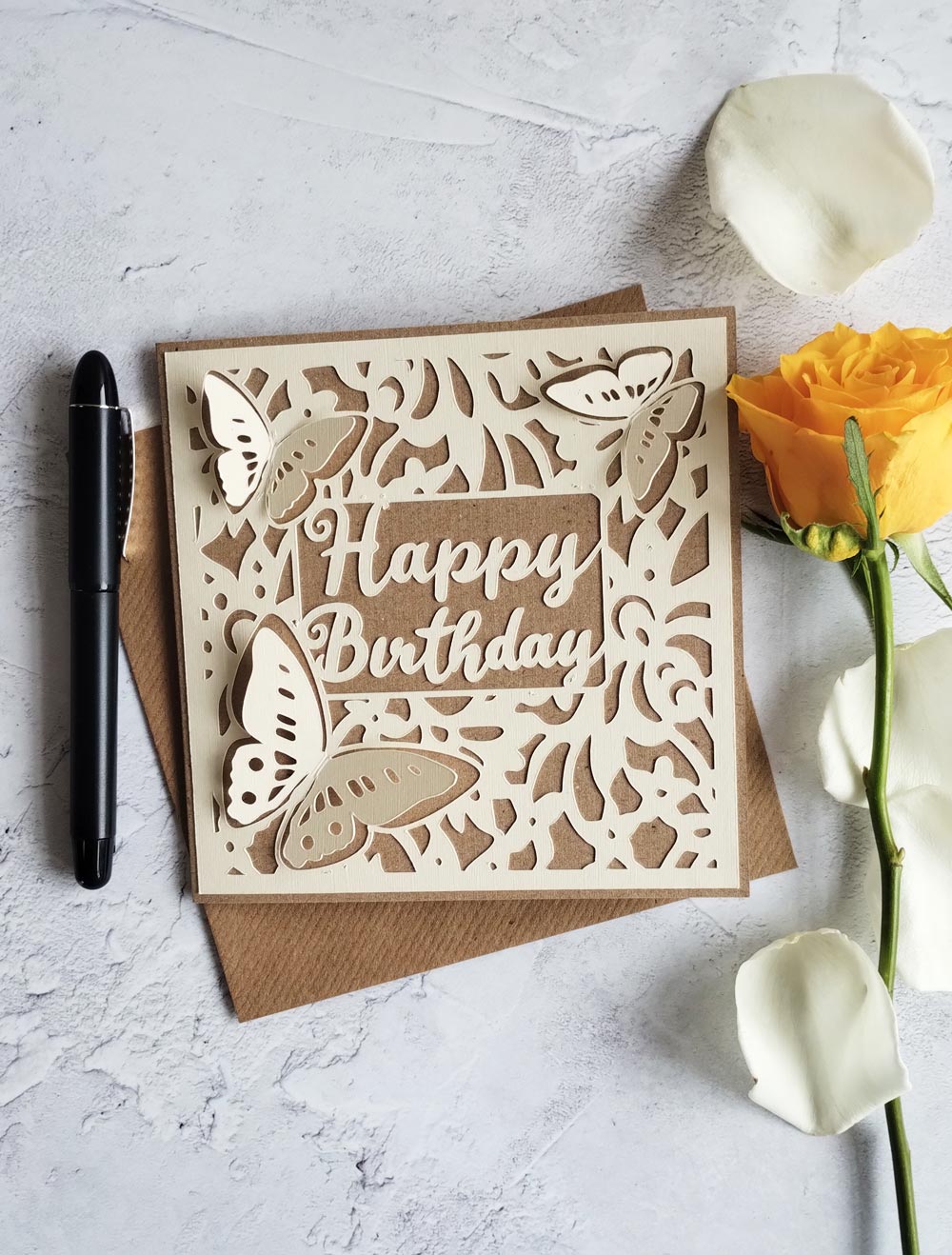 Recycled Natural butterflies birthday card with Kraft envelope