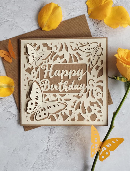 Recycled Natural butterflies birthday card with Kraft envelope