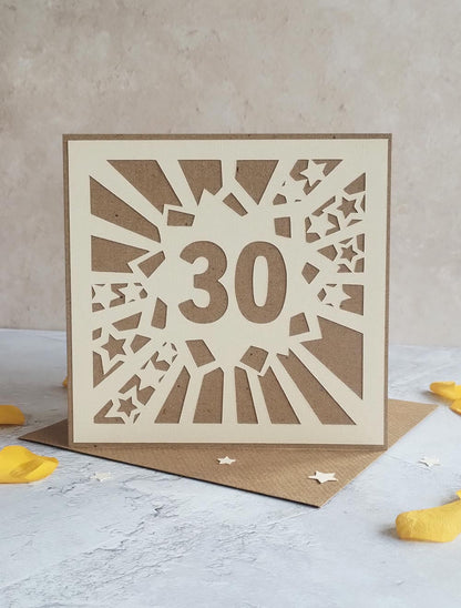 Recycled Natural Starburst milestone birthday card with Kraft envelope