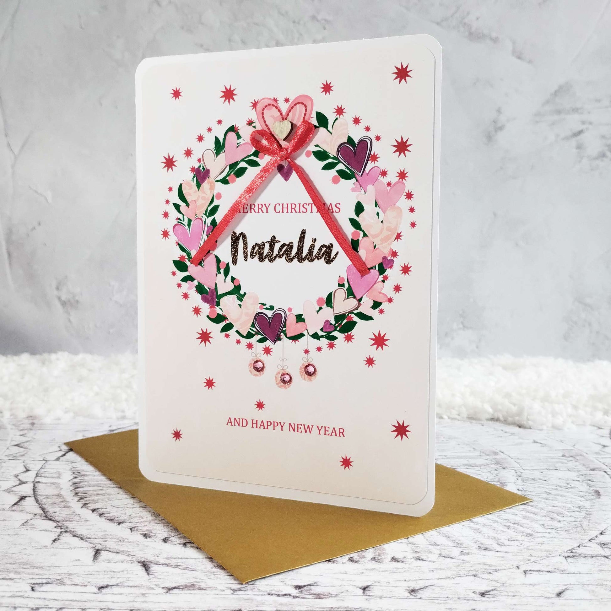 Personalised Heart Wreath Christmas Card with Gold Envelope