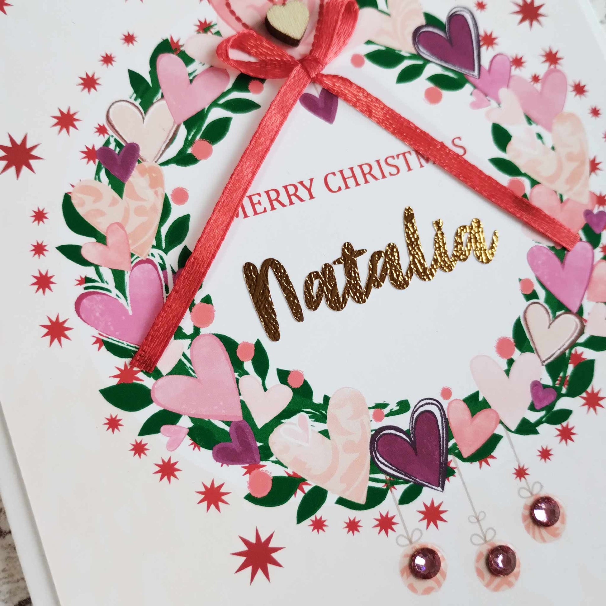 Personalised Heart Wreath Christmas Card with Gold Envelope