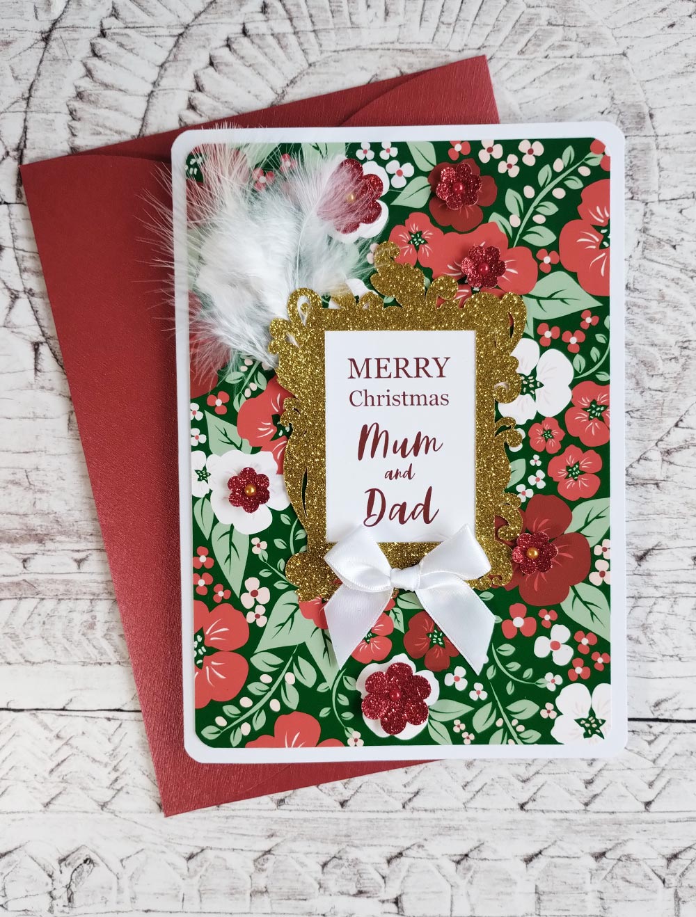 Bold Personalised A5 Gold Floral Christmas Card with red butterfly envelope