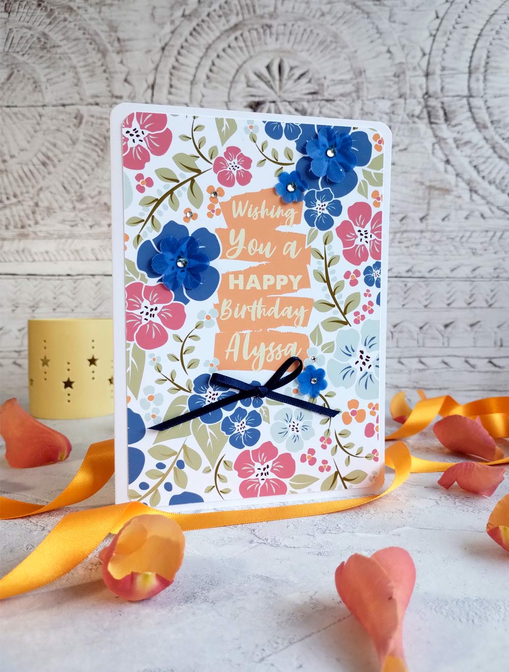 Personalised New Blossoms Blue Birthday Card