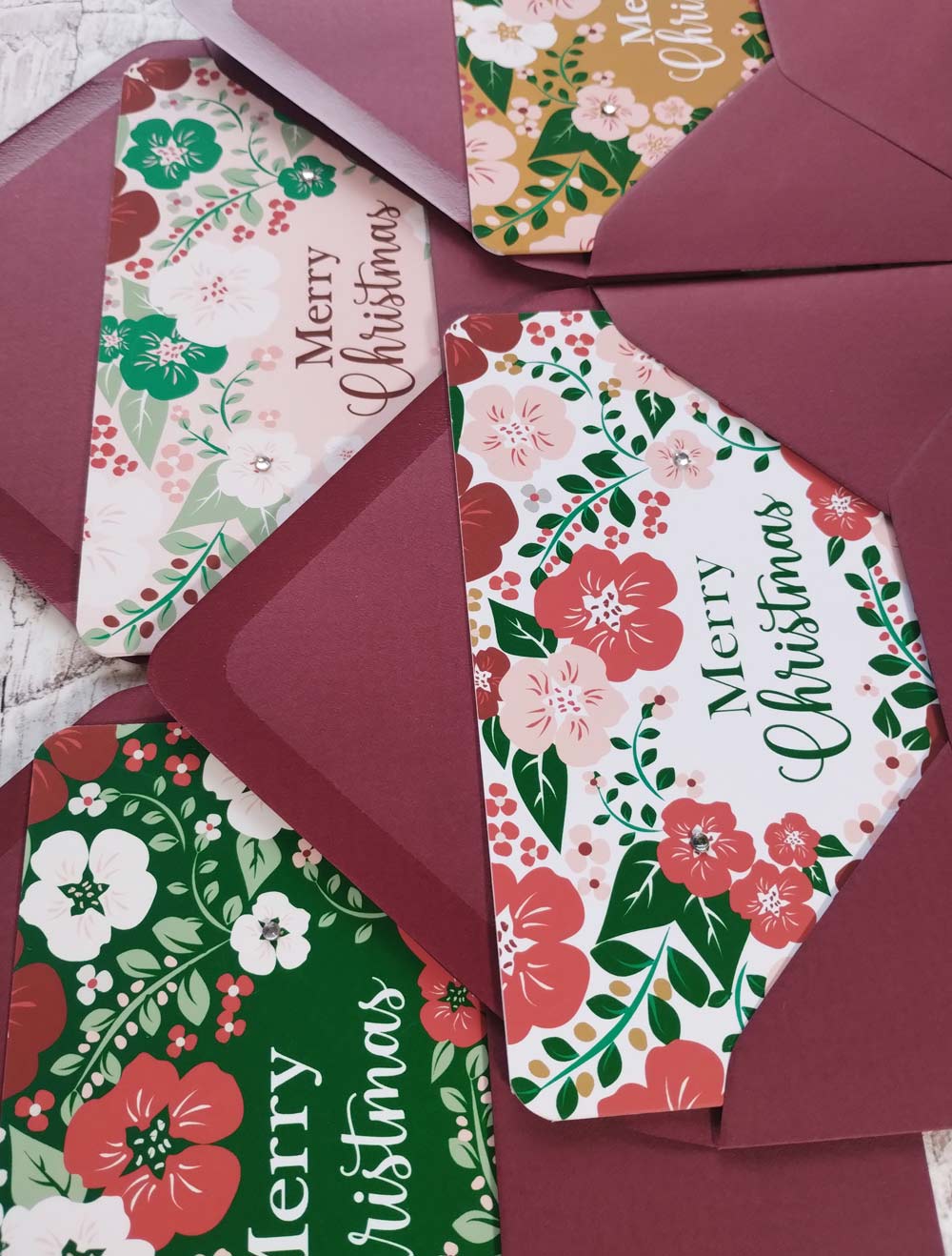 Bold Floral 4 pack Christmas Cards with red wine coloured envelopes