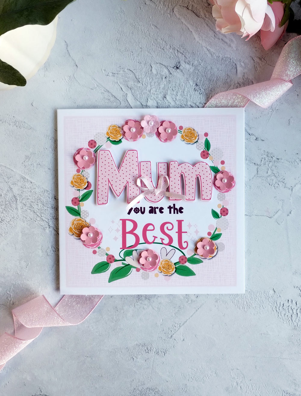 Pink Handmade Mother's Day Card with a Floral Wreath and pearl embellishments